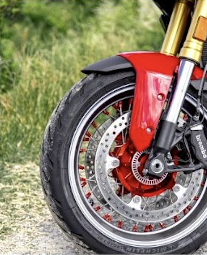 Pisces motorcycle wheel fitted to a motorcycle front end