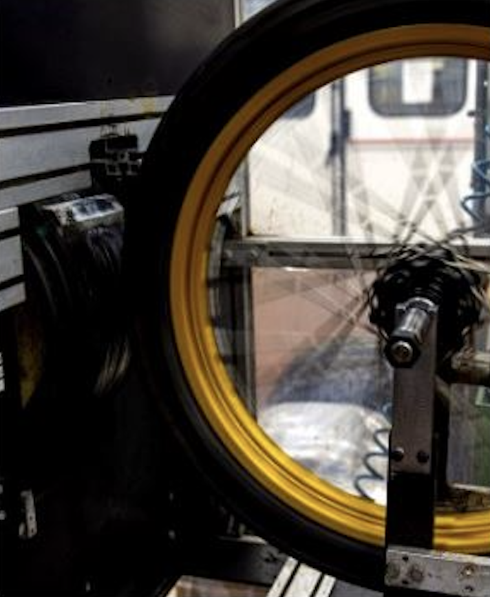 Pisces motorcycle wheel installed in wheel testing equipment