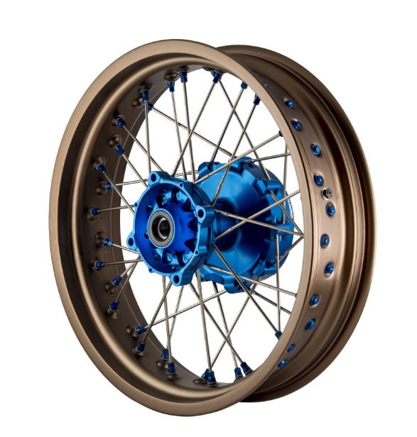 Complete custom spoked motorcycle wheel with aluminium rim and hub