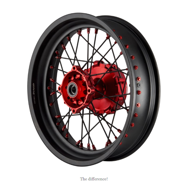 Complete black and red custom spoked motorcycle wheel